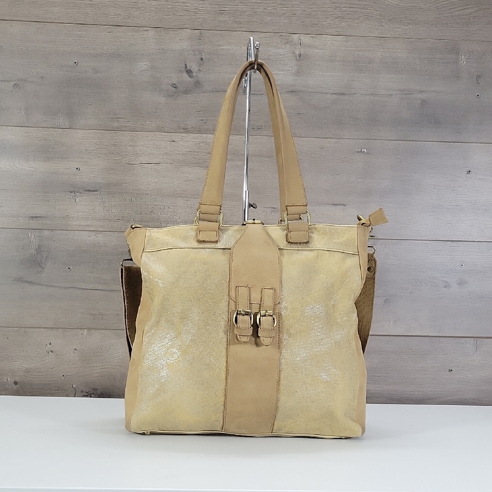 Jesslyn Blake for Anthropologie Tan Canvas Leather Tote Crossbody Shoulder Bag